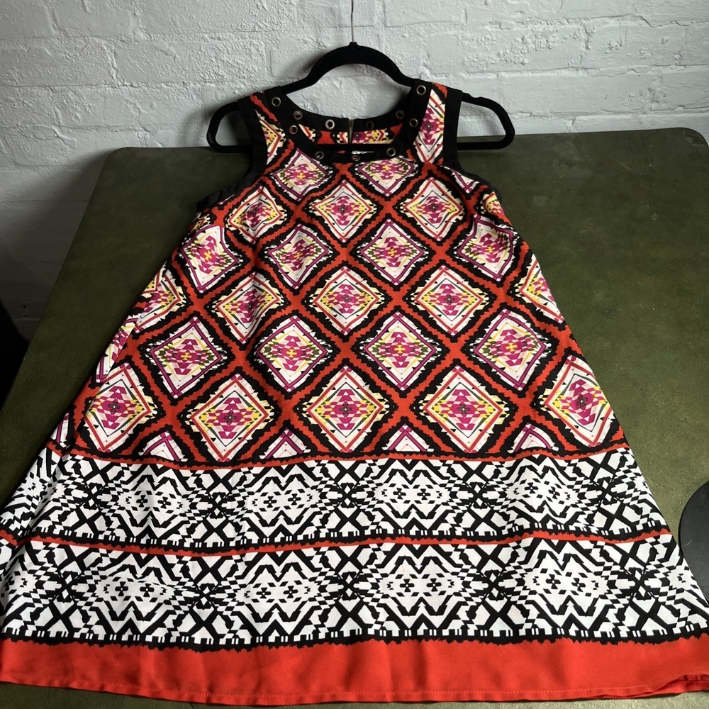 Takara Sleeveless Dress Geometric Aztec Orange Black Travel Rayon Small